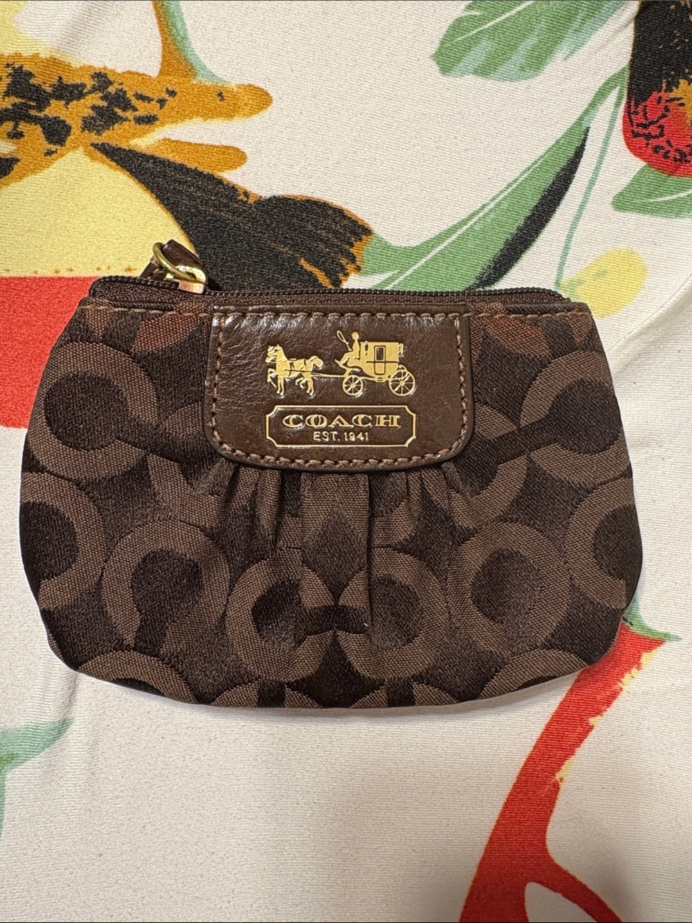 Coach Brown Signature Mini Pouch with Gold key chain